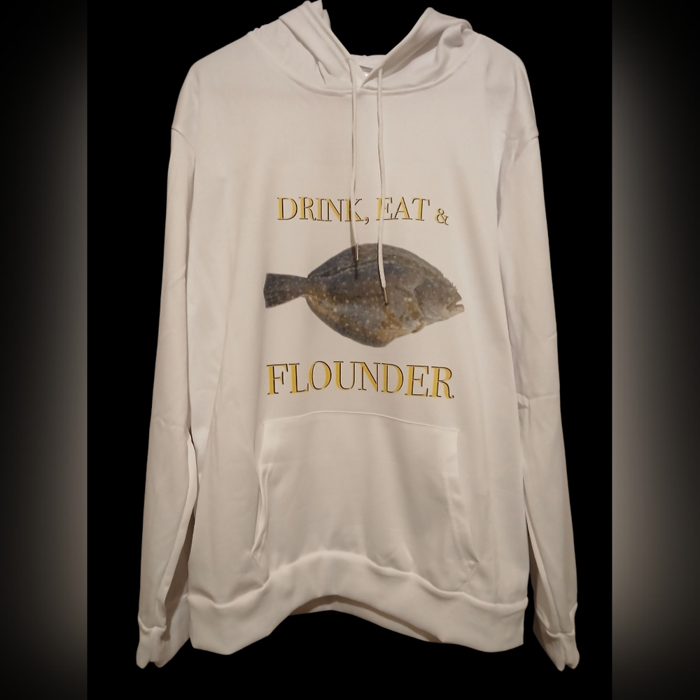 2X White Polyester Fishing Hoodie Featuring an Atlantic Flounder/Pacific Halibut